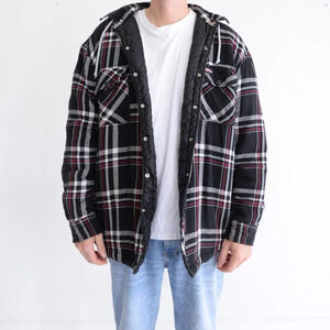 Dickies Black Red Checker Button Up Removable Hood Quilt Stitch Lined Shacket XL
